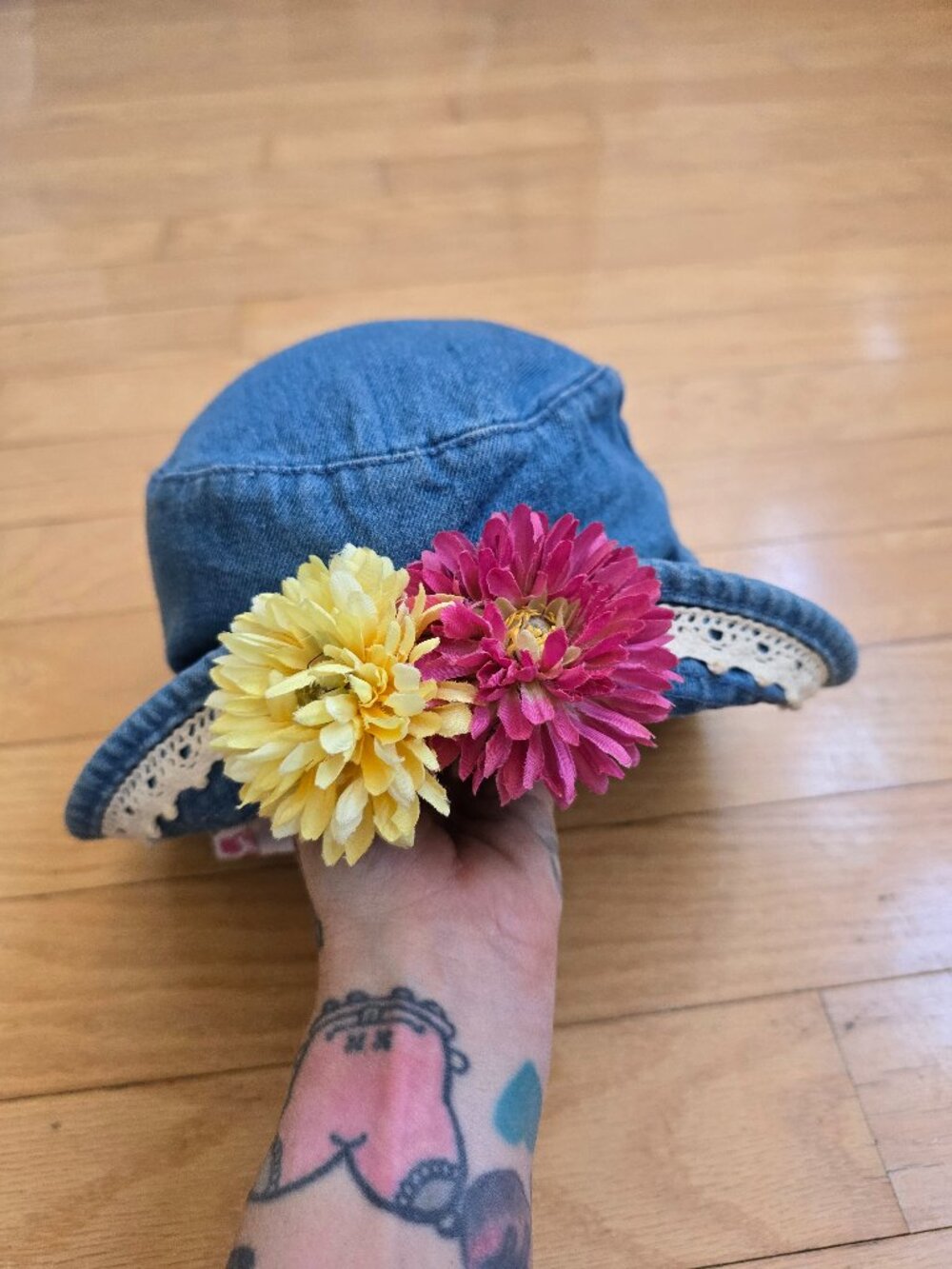 Vintage 90s Blossom Denim Bucket Hat with Crochet Lace & Faux Flowers